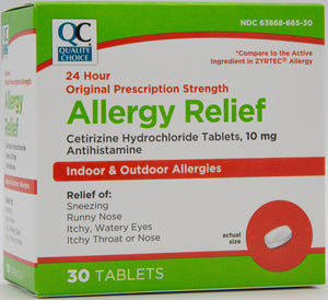 QC ALLERGY RELIEF, CETIRIZINE HYDROCHLORIDE TABLETS, 10mg (ZYRTEC ALLERGY) (30 Tablets)