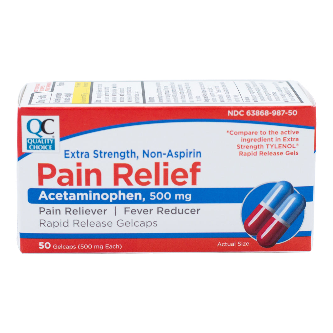 QC EXTRA STRENGTH, NON-ASPIRIN PAIN RELIEF, ACETAMINOPHEN 500mg (50 Gelcaps)