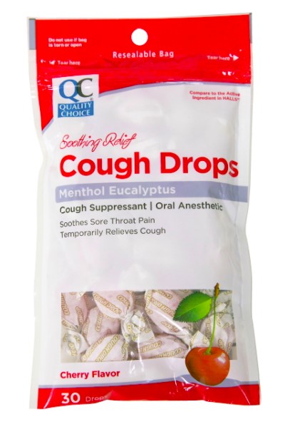 QC SOOTHING RELIEF COUGH DROPS MENTHOL EUCALYPTUS, CHERRY FLAVOR (30 DROPS)