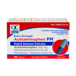 QC EXTRA STRENGTH ACETAMINOPHEN PM, PAIN RELIEVER/ NIGHTTIME SLEEP-AID (TYLENOL PM) (20 Gelcaps)
